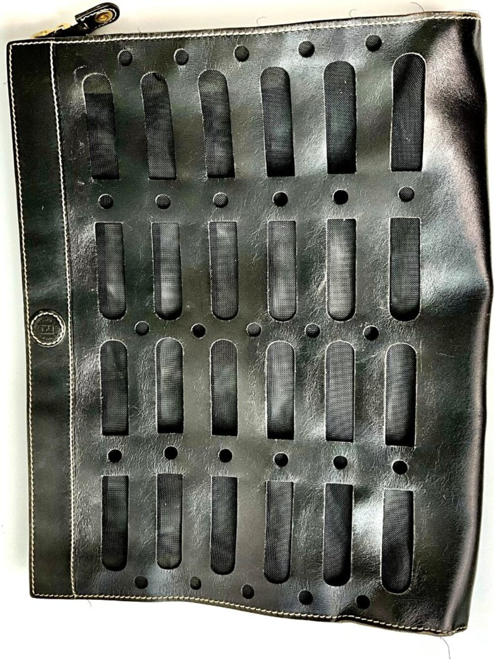 Vintage FENDI Large Black Leather Document Portfolio Clutch Cutout Bag 15x12 in